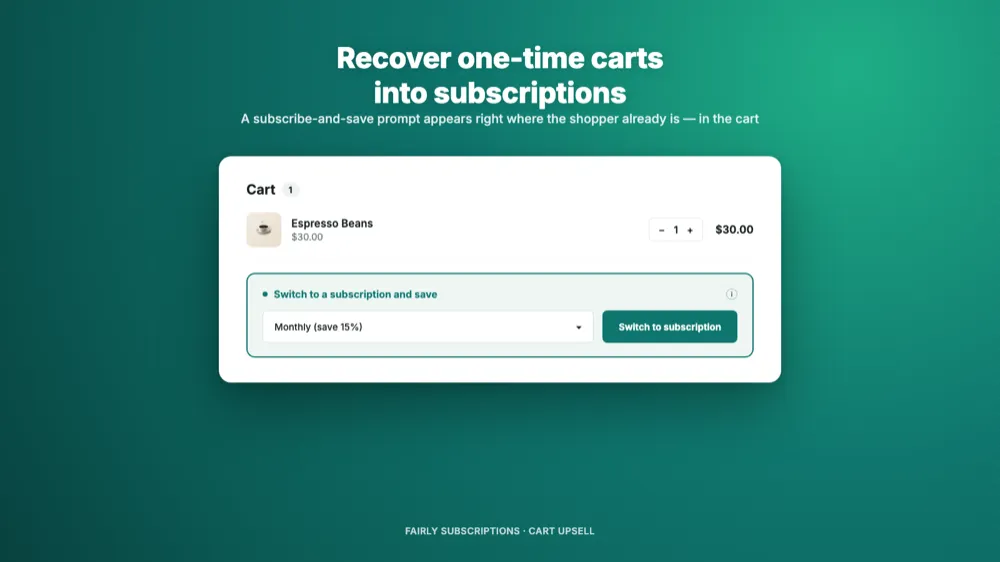 Cart drawer showing a prompt to switch a one-time item to a subscription with a discount