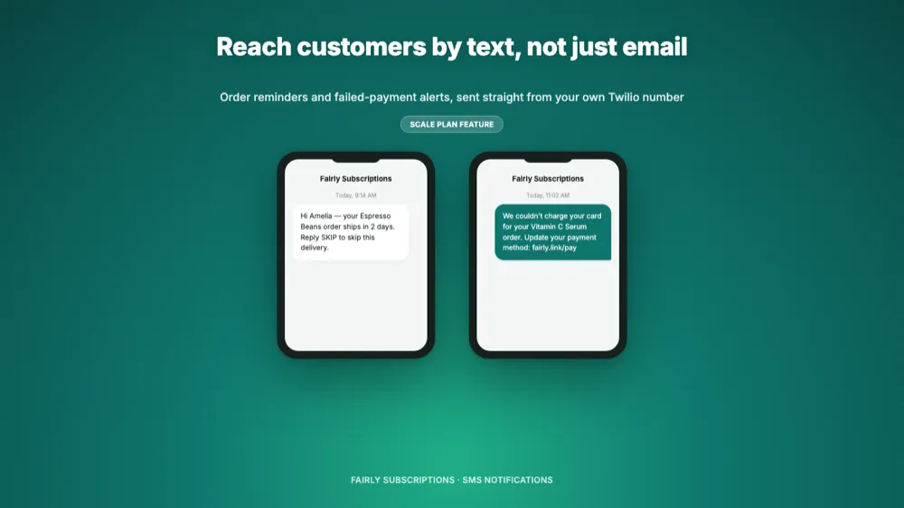 SMS text messages for an order reminder and a failed-payment alert, sent from the merchant's own phone number