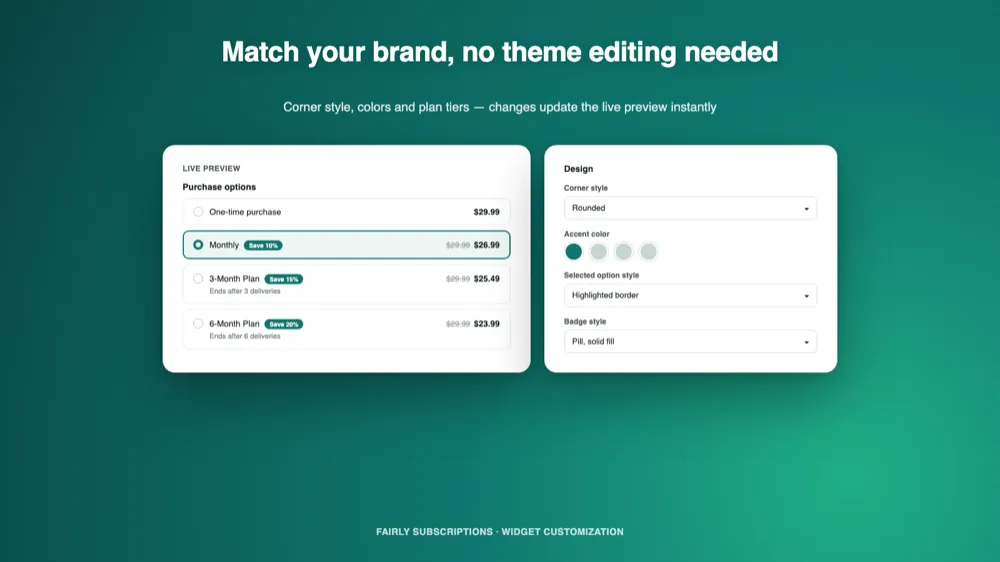 Widget customization screen with a live preview of purchase option colors, corner style, and badge design